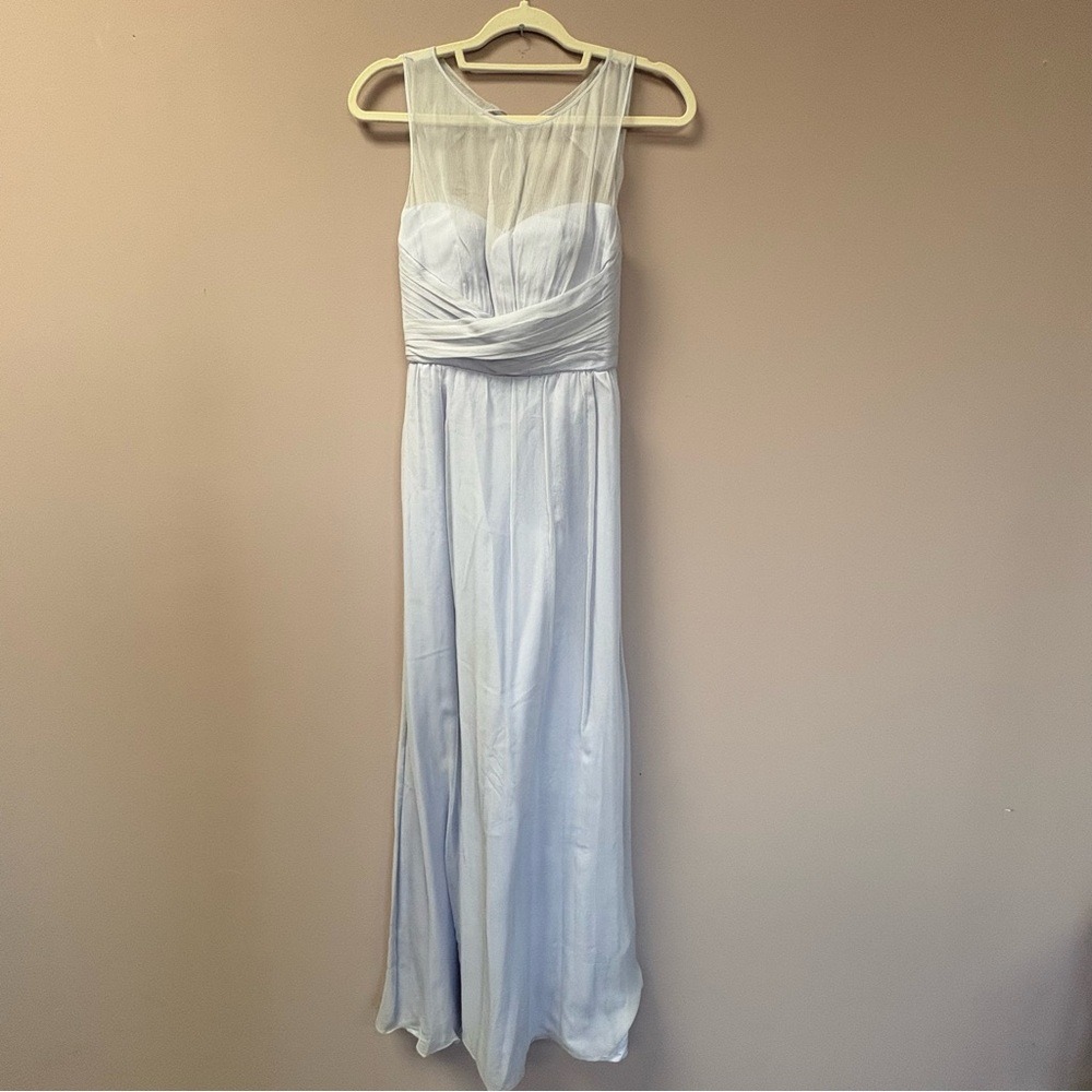 Amsale Light Blue Silk Illusion Neckline Ruched Waist Gown Bridesmaid Dress 6